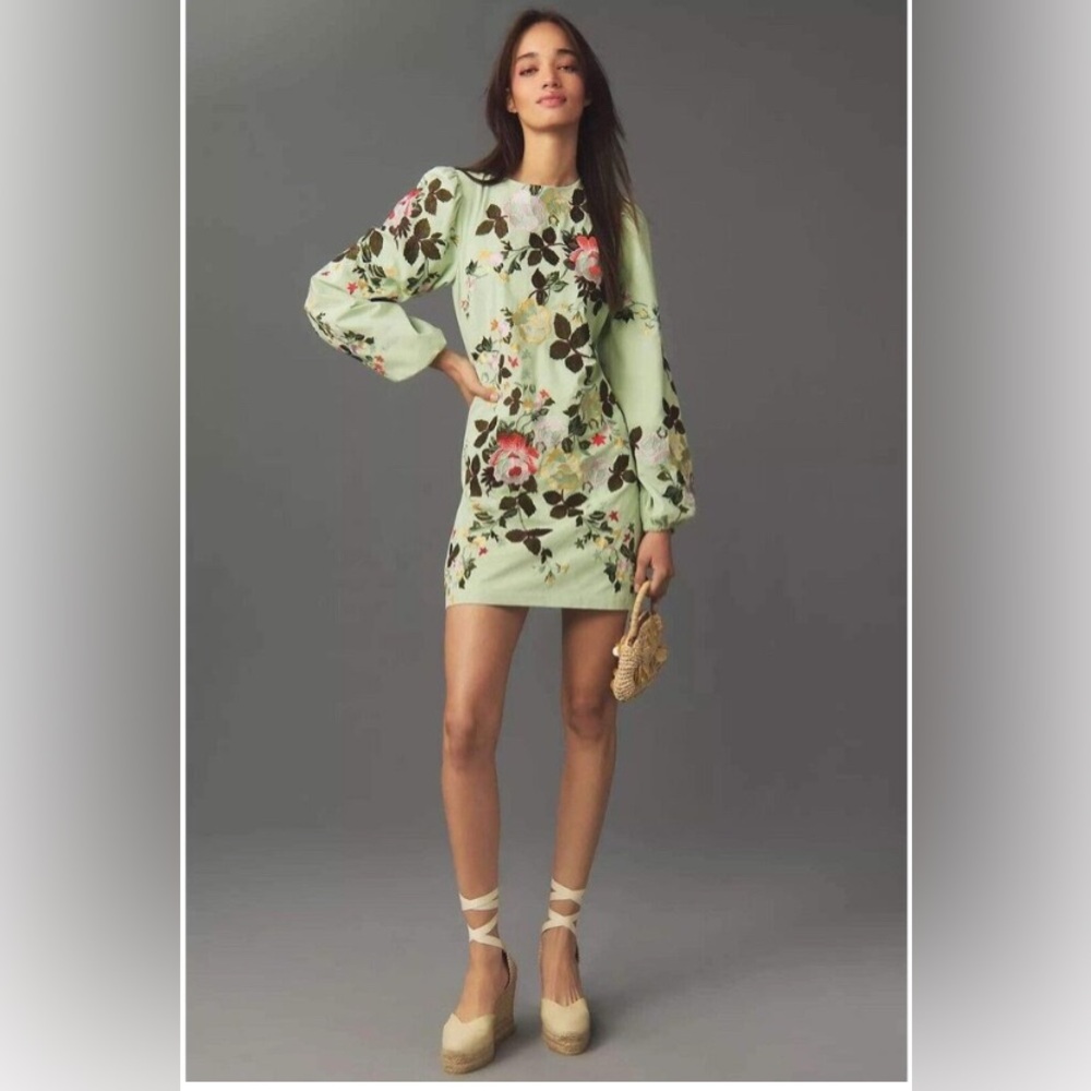 Anthropologie Let me Be Mint Green Floral Mini Dress
Size Small